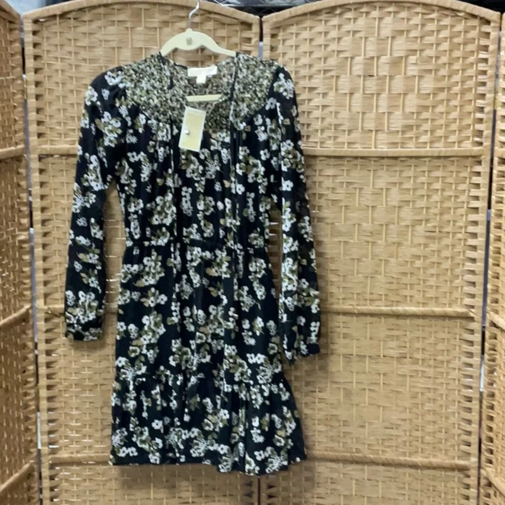 Michael Kors Black Floral Smocked Yoke Long-Sleeve Dress